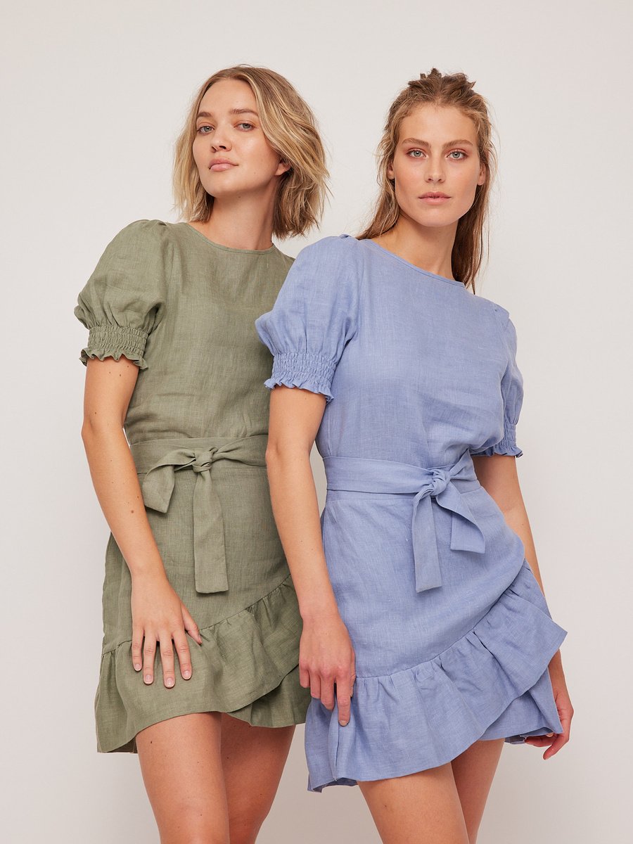 chinese dress ladies Linen V-Neck Belted Dress SERENA – LINTICO-UK main image 1
