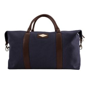 pampeano_caballero_large_travel_bag_navy_canvas_brown_leather_front_view_cream_diamond