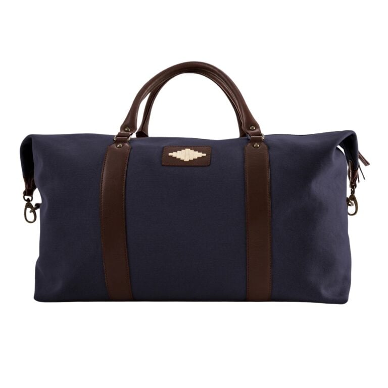 pampeano_caballero_large_travel_bag_navy_canvas_brown_leather_front_view_cream_diamond