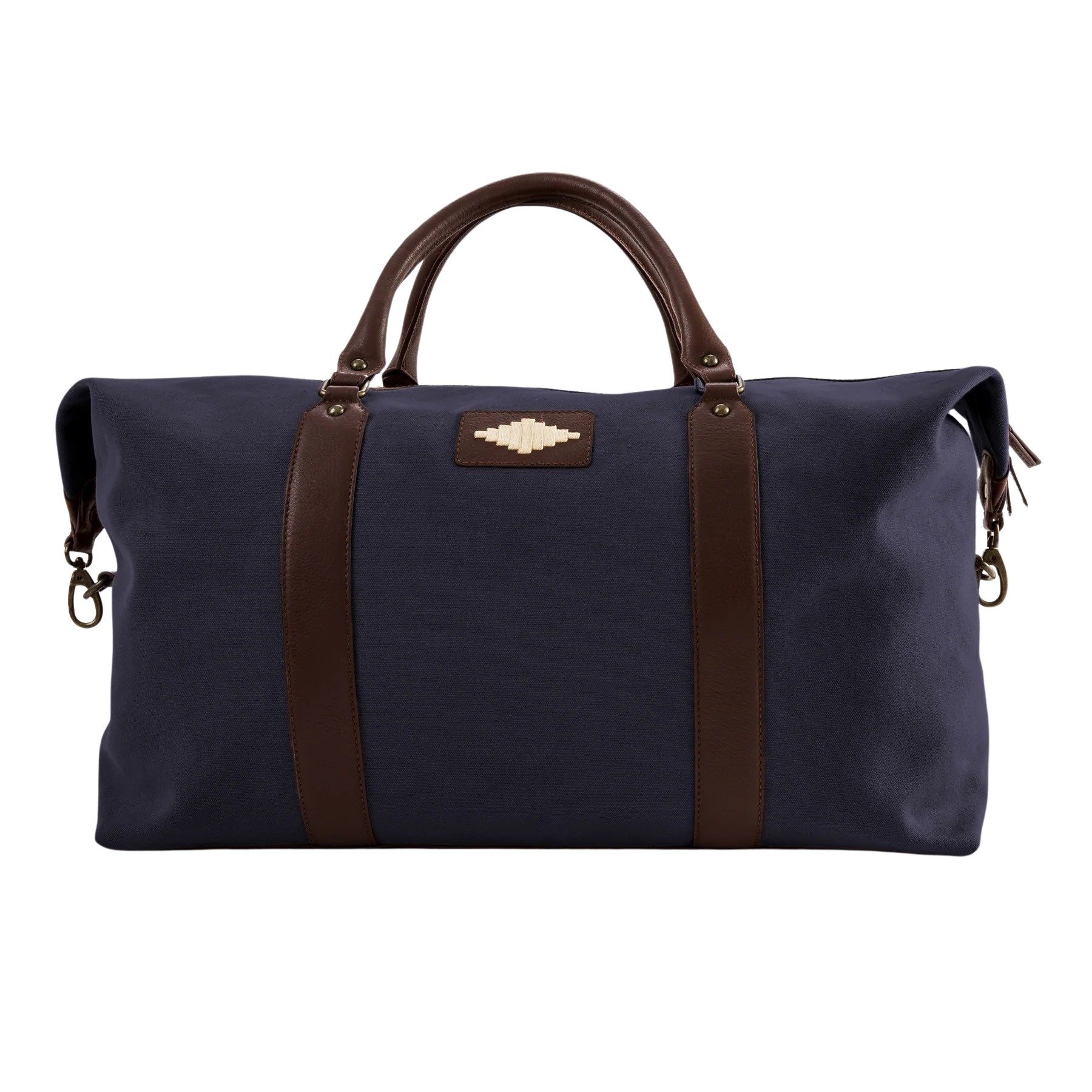 pampeano_caballero_large_travel_bag_navy_canvas_brown_leather_front_view_cream_diamond