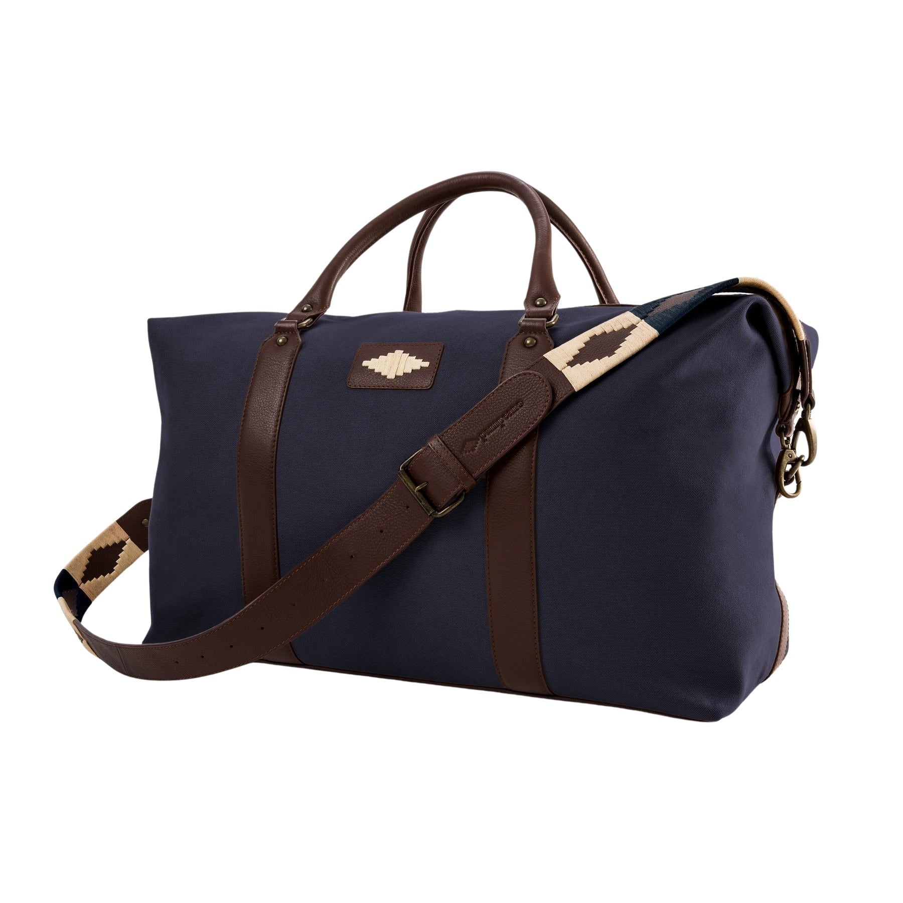 pampeano_caballero_large_travel_bag_navy_canvas_brown_leather_side_view_cream_diamond