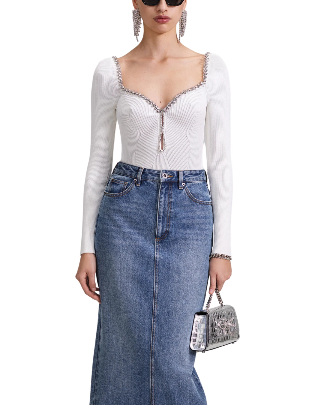 White Knit Diamante Top 600035353wht main image 1