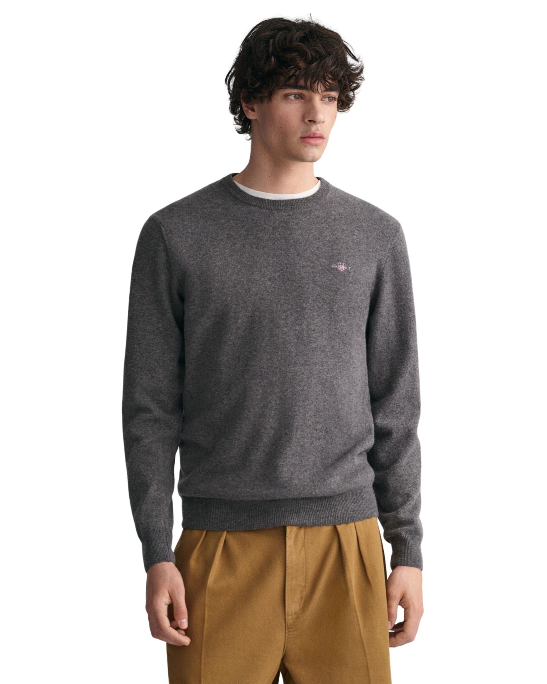 GANT Maglione Uomo In Lana D'Agnello Superfine, Girocollo, Grigio Scuro, Taglia XL, Vestibilità Regolare