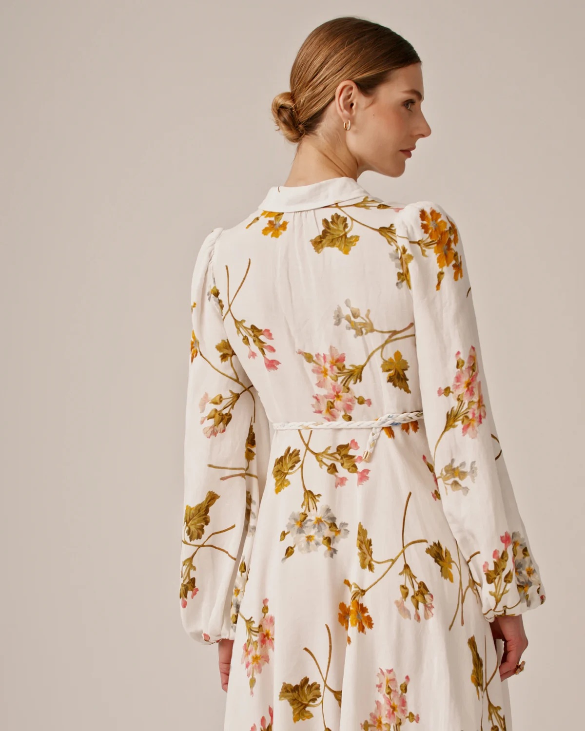 linen blend puff sleeve midi dress Mint Velvet White Beige Puff Sleeve Midi Dress | Size 12 | White | 3/4 Sleeve