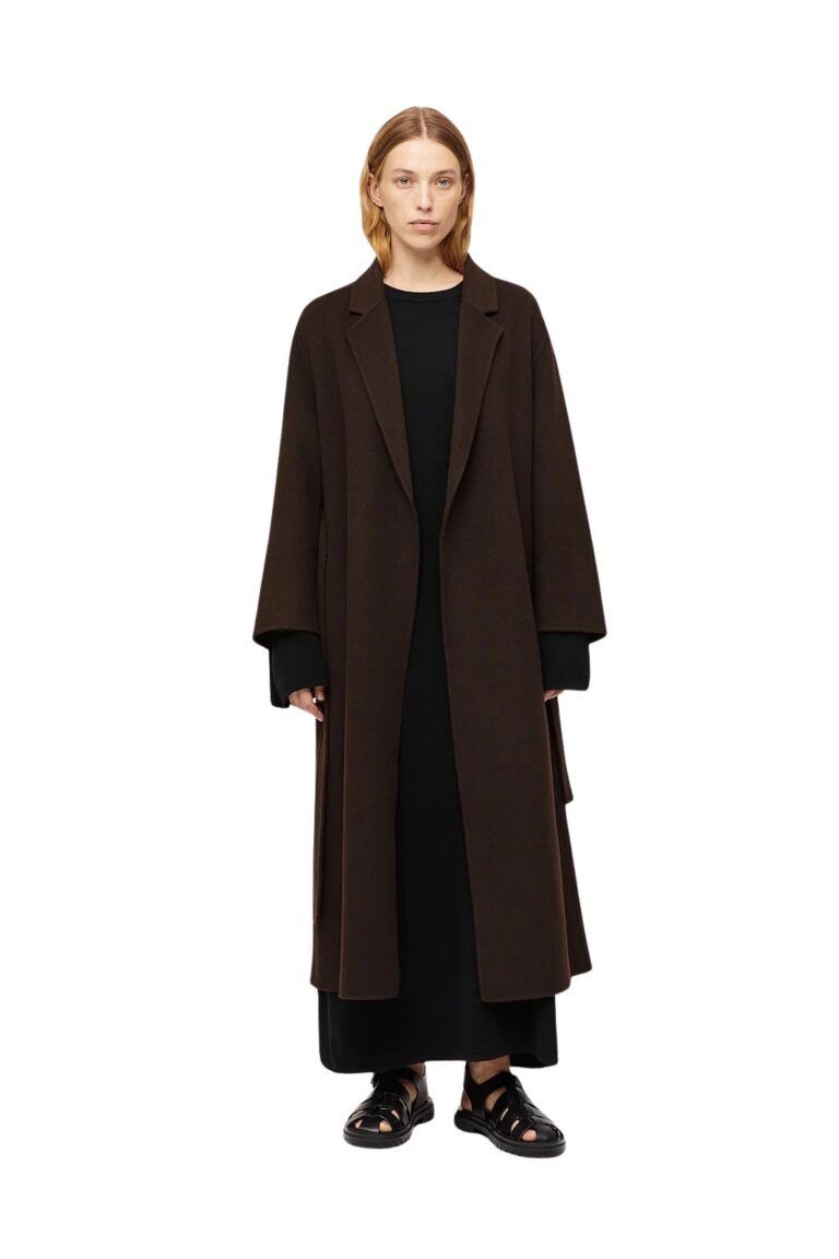 fwss_fall_2024_campaign_trine_hisdal_toulon_maxi_dress_jet_black_double_wrap_coat_mole_brown