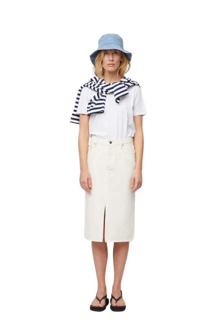 fwss_spring_2024_campaign_trine_hisdal_washed_denim_bucket_hat_light_blue_denim_breton_boatneck_longsleeve_navy_white_stripe_tina_modal_cotton_tee_bright_white_midi_denim_skirt_ecru