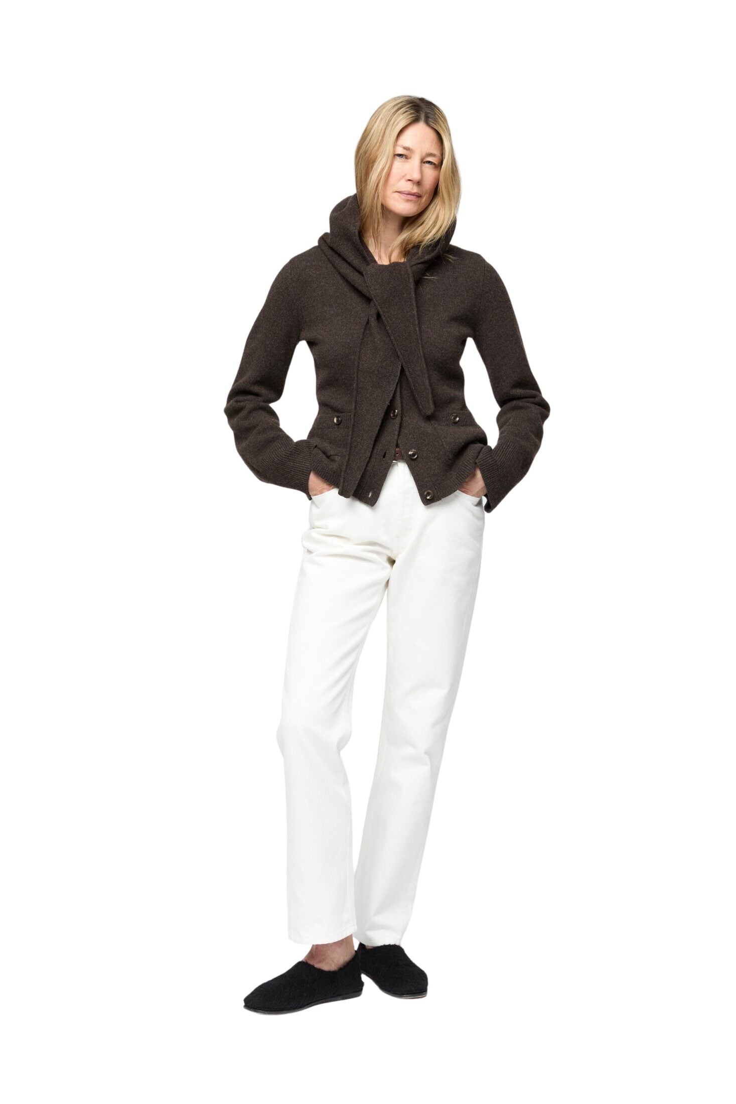 fwss_fall_2025_campaign_trine_hisdal_adele_cardigan_coffee_brown_momento_wrap_balaclava