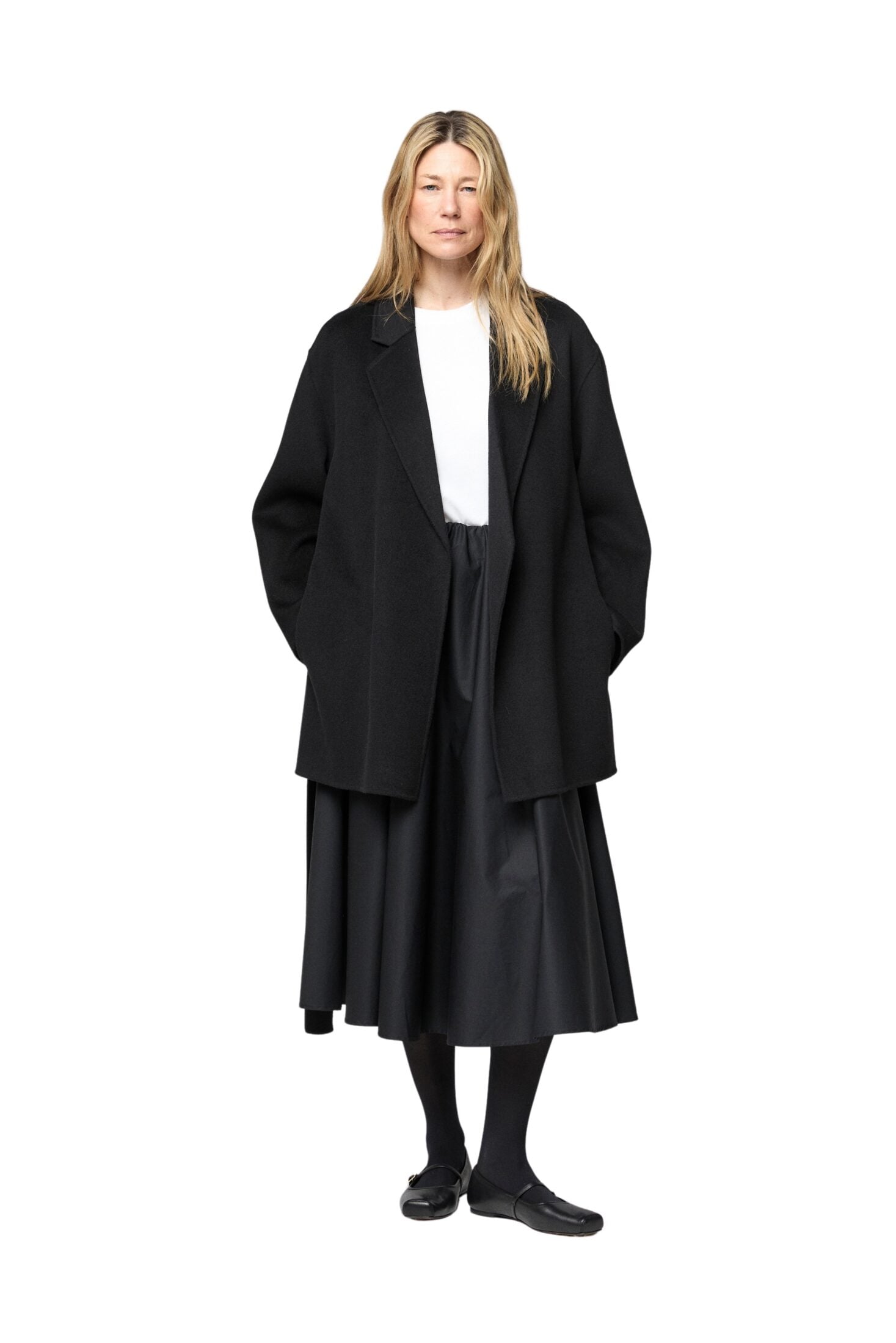 fwss_fall_2025_campaign_trine_hisdal_double_wrap_jacket_jet_black_vivienne_midi_skirt