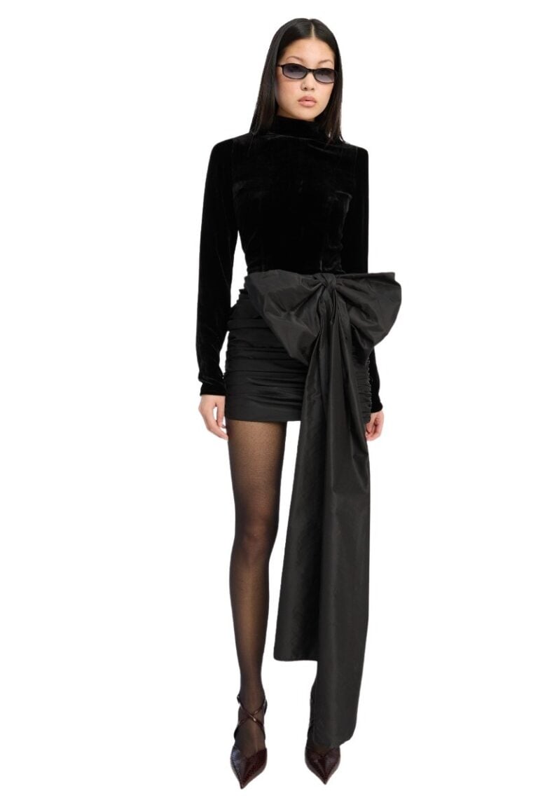 rotate_115246100_black_velvet_bow_mini_dress_model_3_5492_lr