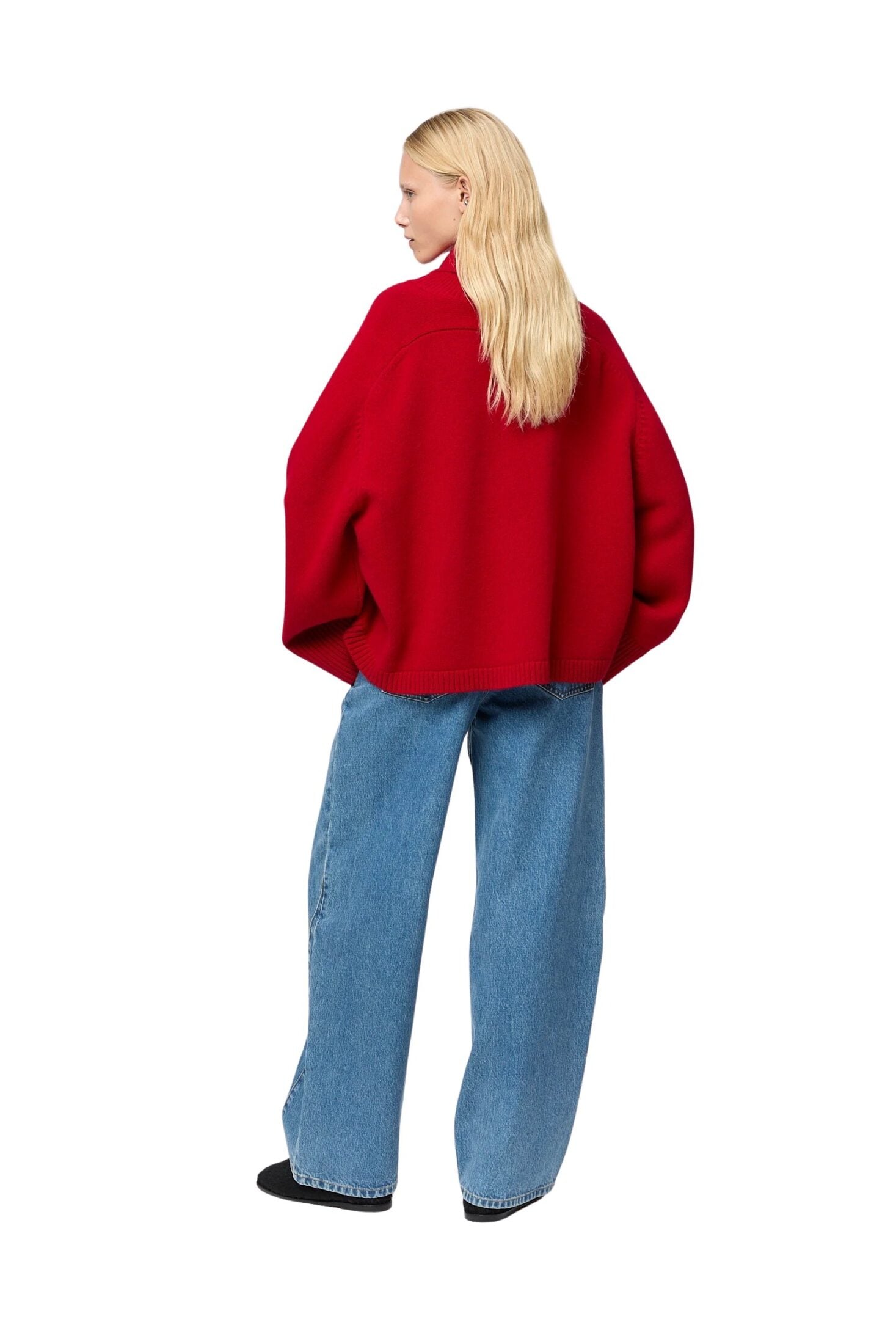 fwss_winter_2025_campaign_trine_hisdal_issa_turtleneck_crimson_red_relaxed_wide_leg_jeans_stonewashed_blue