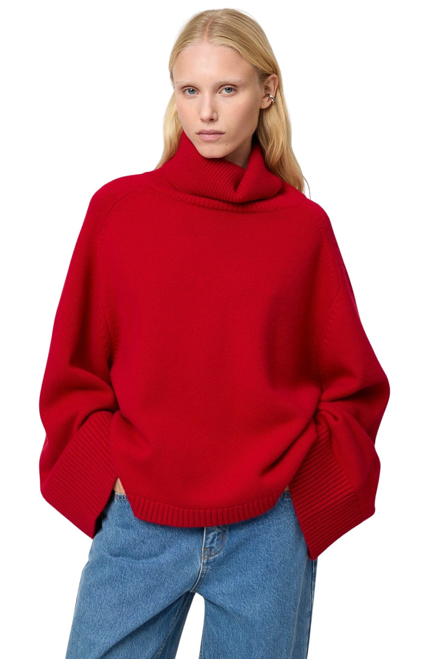 fwss_winter_2025_campaign_trine_hisdal_issa_turtleneck_crimson_red_relaxed_wide_leg_jeans_stonewashed_blue_1
