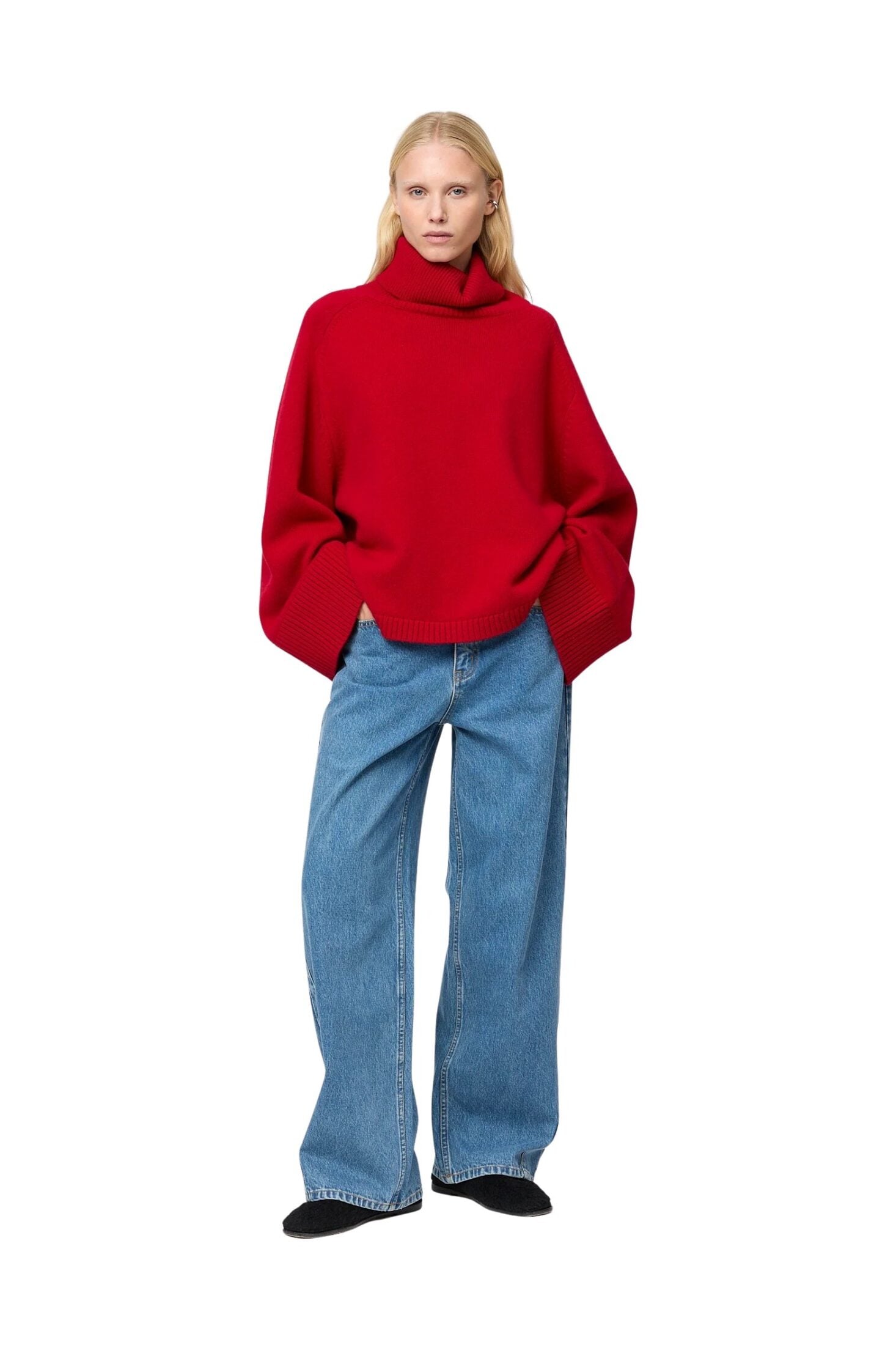 fwss_winter_2025_campaign_trine_hisdal_issa_turtleneck_crimson_red_relaxed_wide_leg_jeans_stonewashed_blue_jpg