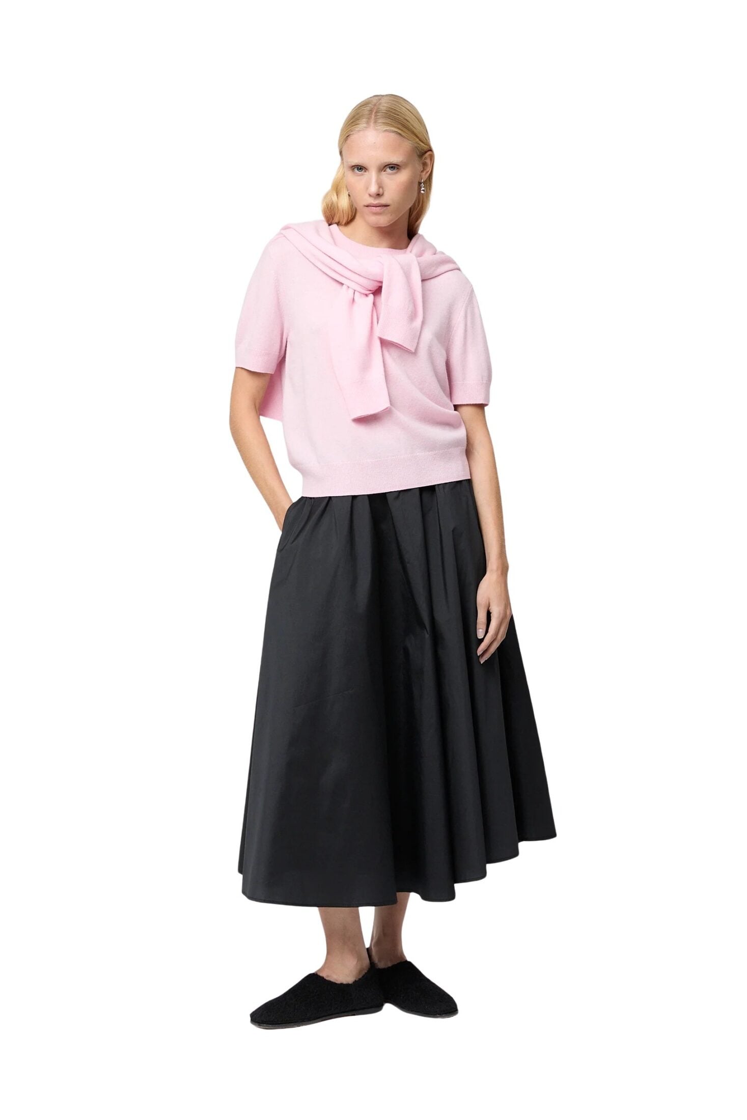 fwss_winter_2025_campaign_trine_hisdal_montauk_tee_ballet_pink_vivienne_taffeta_midi_skirt_jet_black