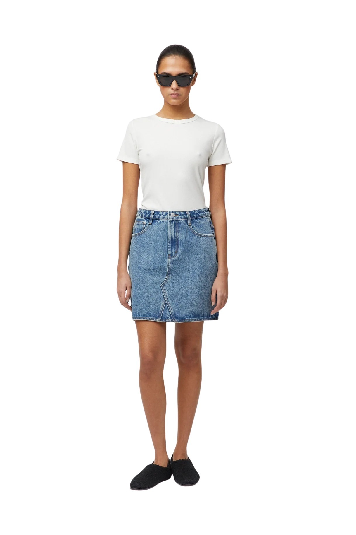 fwss_summer_2025_campaign_trine_hisdal_ribbed_cap_sleeve_tee_salt_white_salt_denim_skirt_stonewashed_blue_cc68efcf-b3a6-4693-93c8-01f5fb34d832