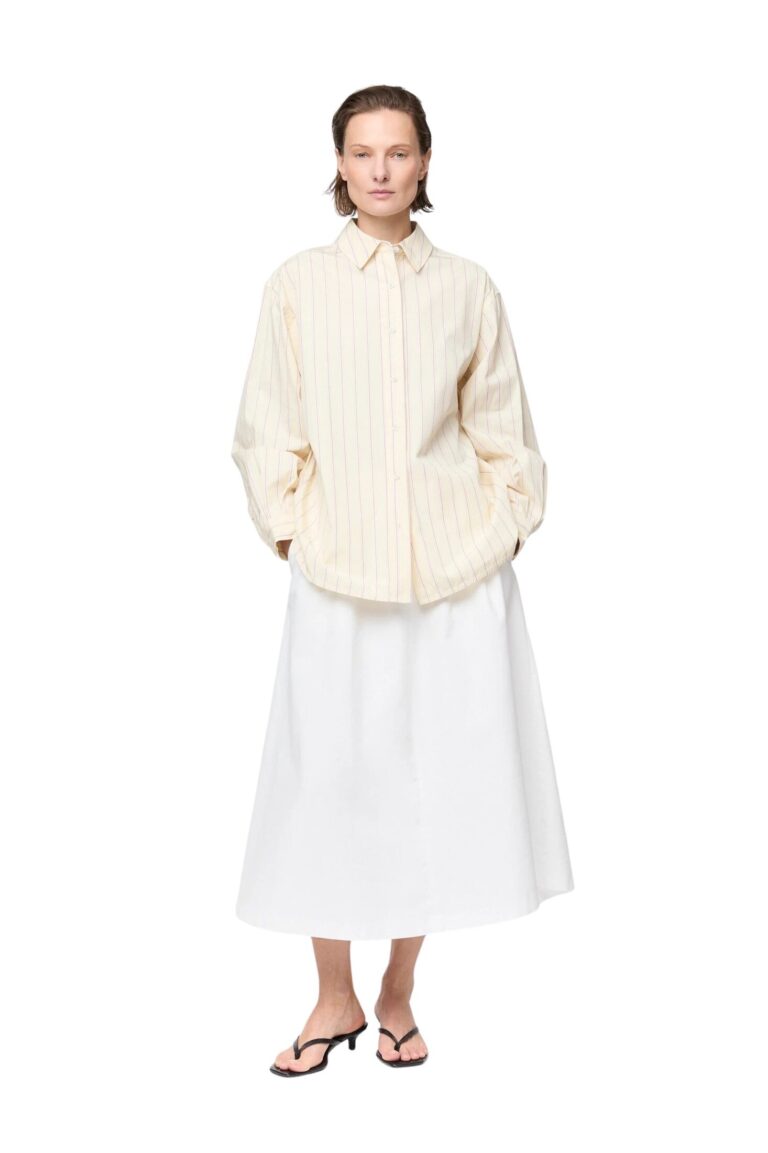 fwss_summer_26_poplin_workwear_shirt_yellow_and_tan_stripes_poet_pleat_skirt_off_white_1