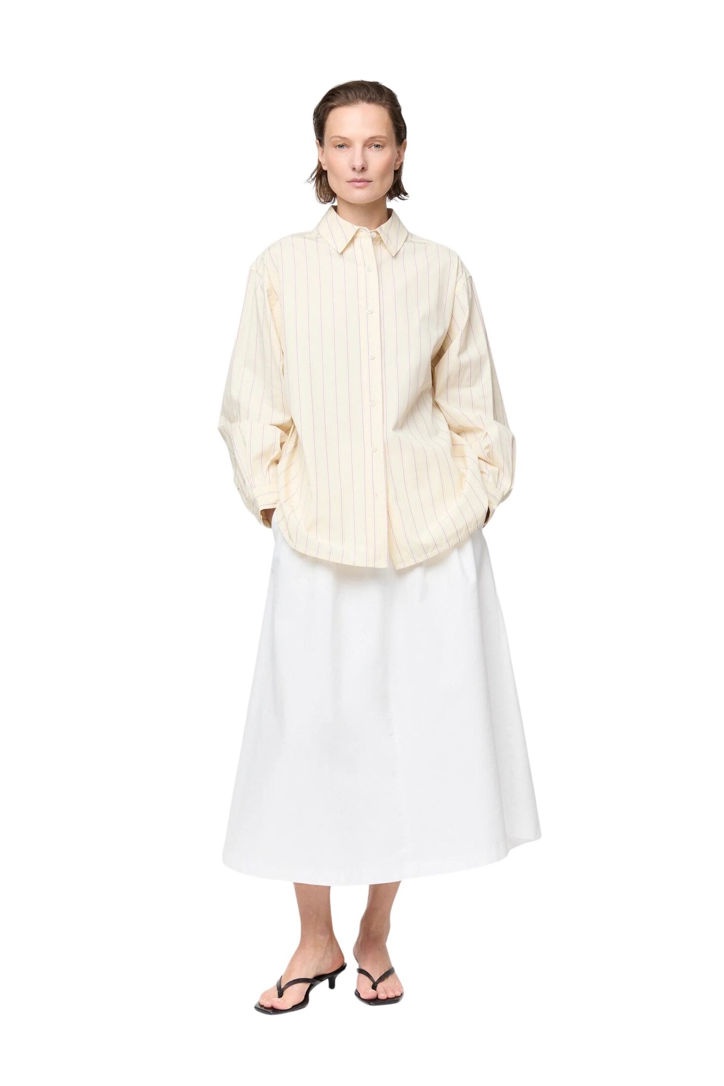 fwss_summer_26_poplin_workwear_shirt_yellow_and_tan_stripes_poet_pleat_skirt_off_white_1